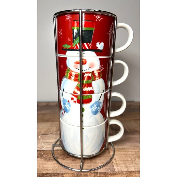 Pier 1 Imports Snowman Stacking Mug Set With Stand - Porcelain Holiday Cups - Picture 1 of 7